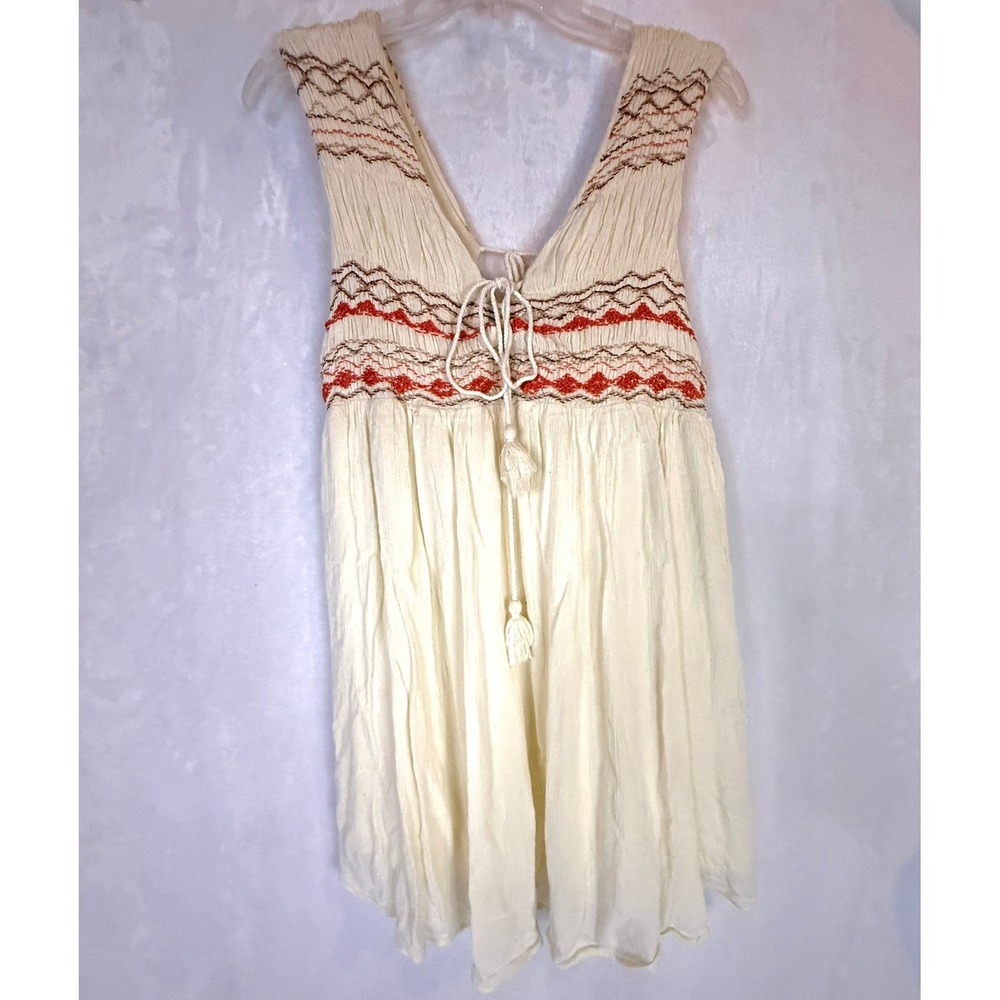 Free‎ People NO TAG Embroidered Boho Mini Dress Women S Ivory Tassel Sleeveless